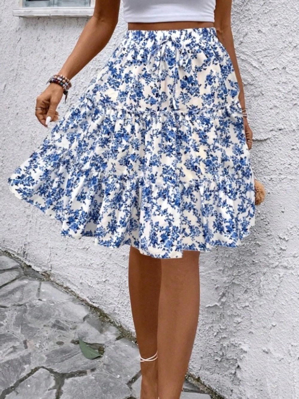Blue Floral Tiered Midi Skirt - Women's